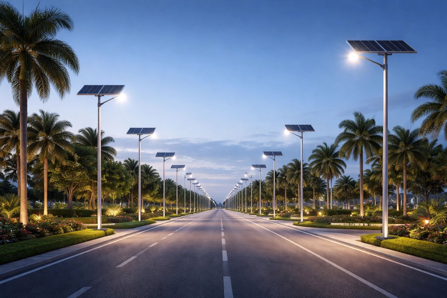 Automatic solar powered LED street light pole installation for outdoor community infrastructure