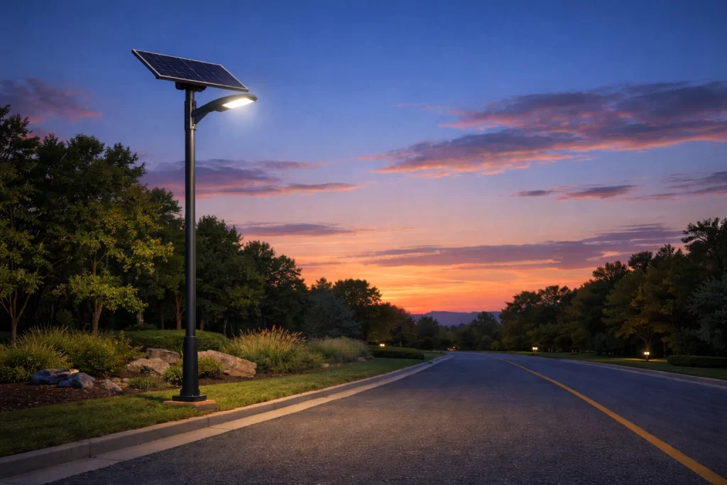 Compact integrated all in one solar street light unit with built in battery and motion sensors