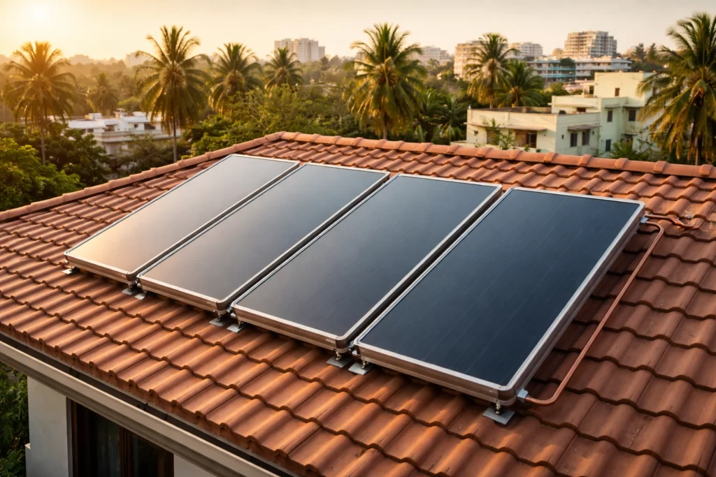 Flat Plate Collector (FPC) solar water heater rooftop panel layout