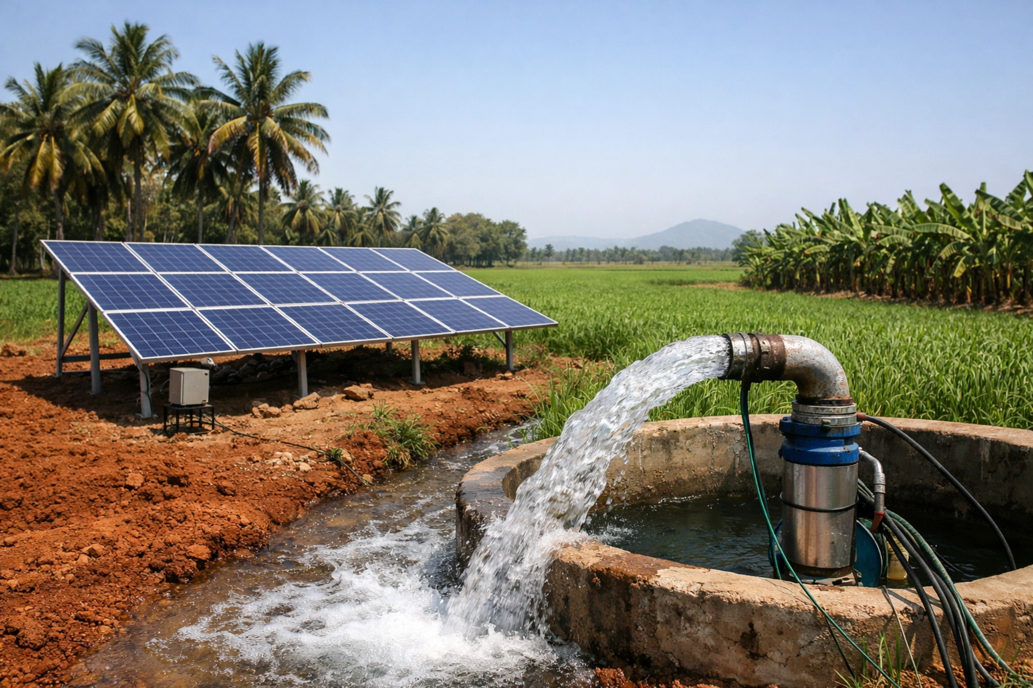 High efficiency solar agricultural water pumping system installed on a farm