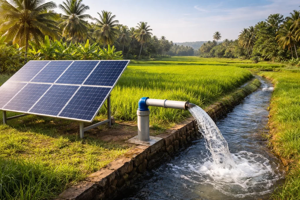 Surface solar water pump setup connected to a shallow open well for irrigation