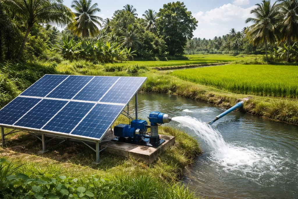Deep borewell submersible solar water pump unit powered by rooftop solar array